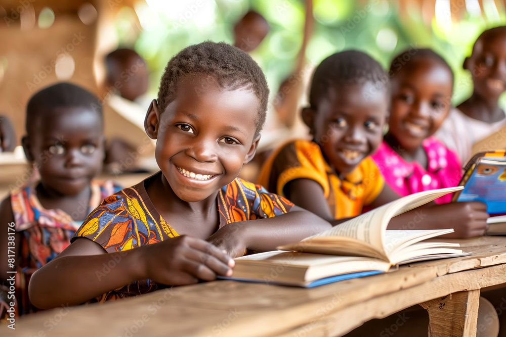 A group of african schoolchildren sitting at a desk with books in school smiling at camera